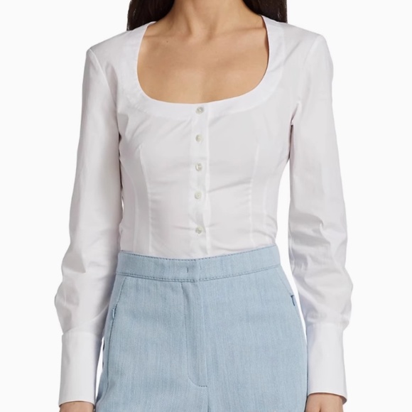 STAUD Landon Poplin Top - White Long Sleeves Button Down Shirt Blouse